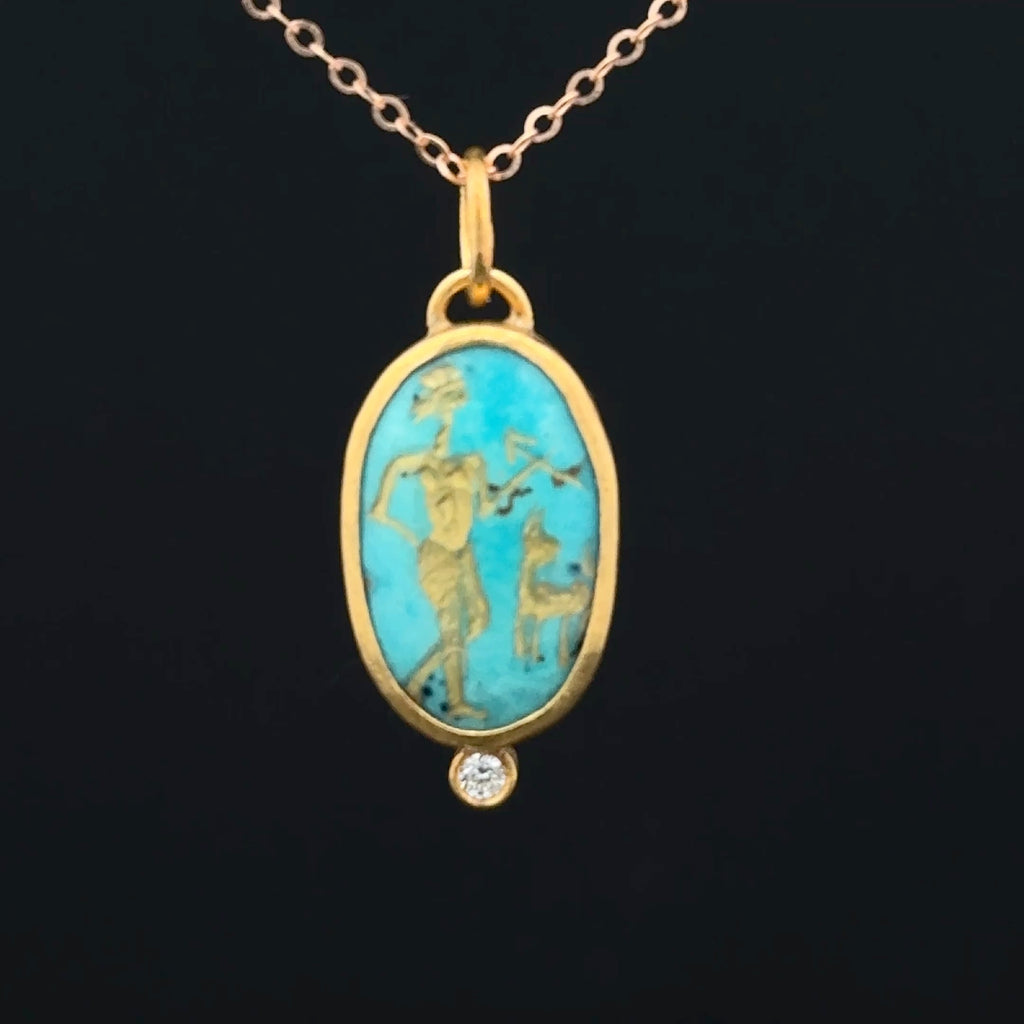 24K and sterling silver pendent carved inlaid turquoise