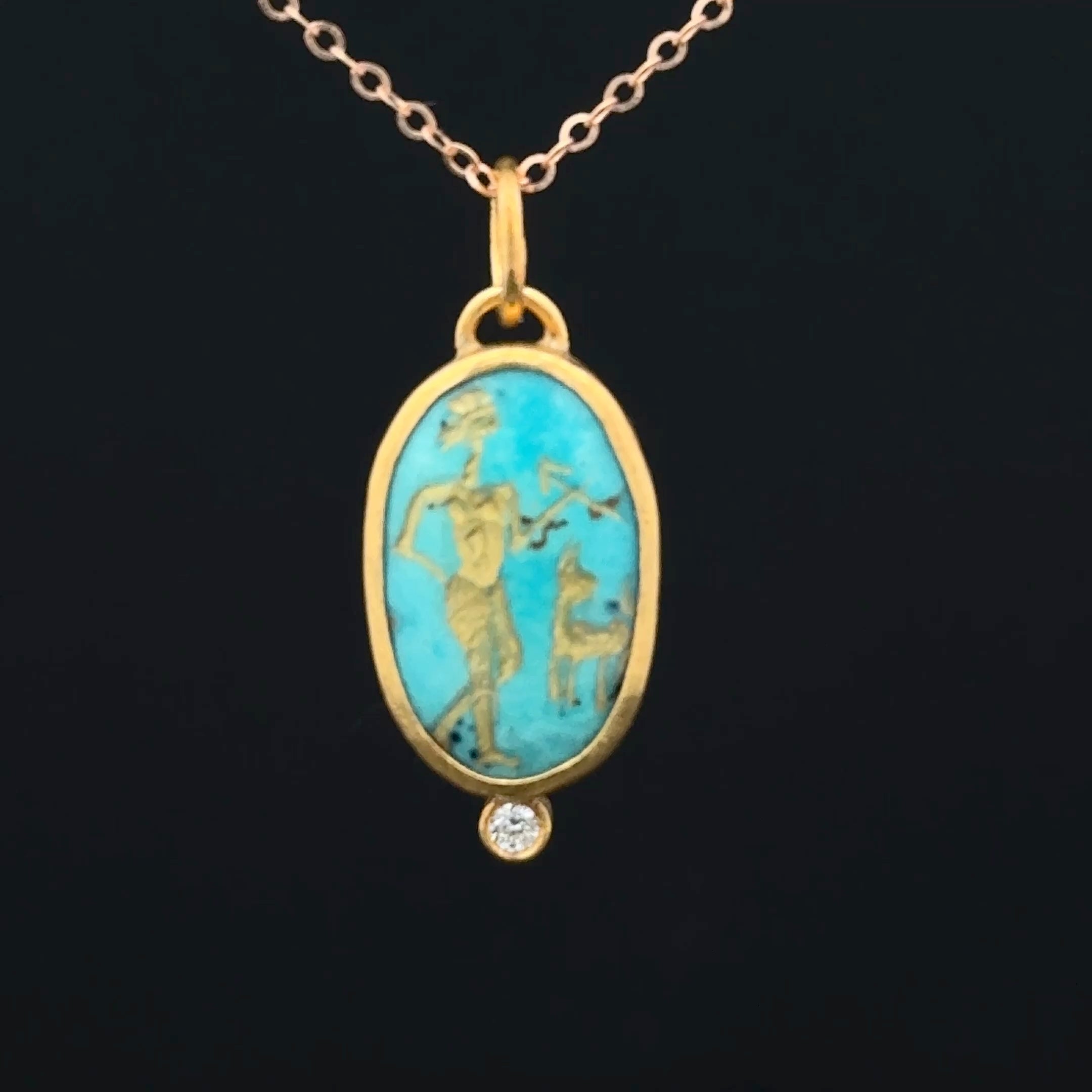 24K and sterling silver pendent carved inlaid turquoise