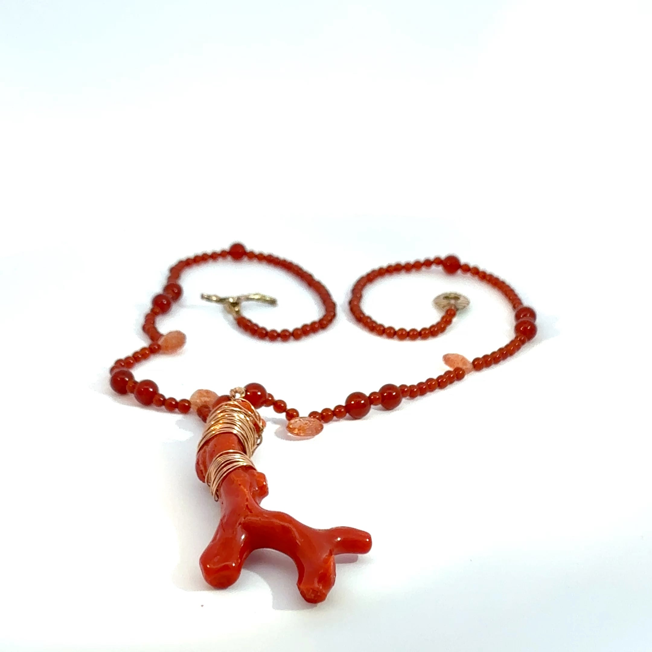 14K rose gold wrapped branch Coral Beaded Necklace with Rose Gold Accents