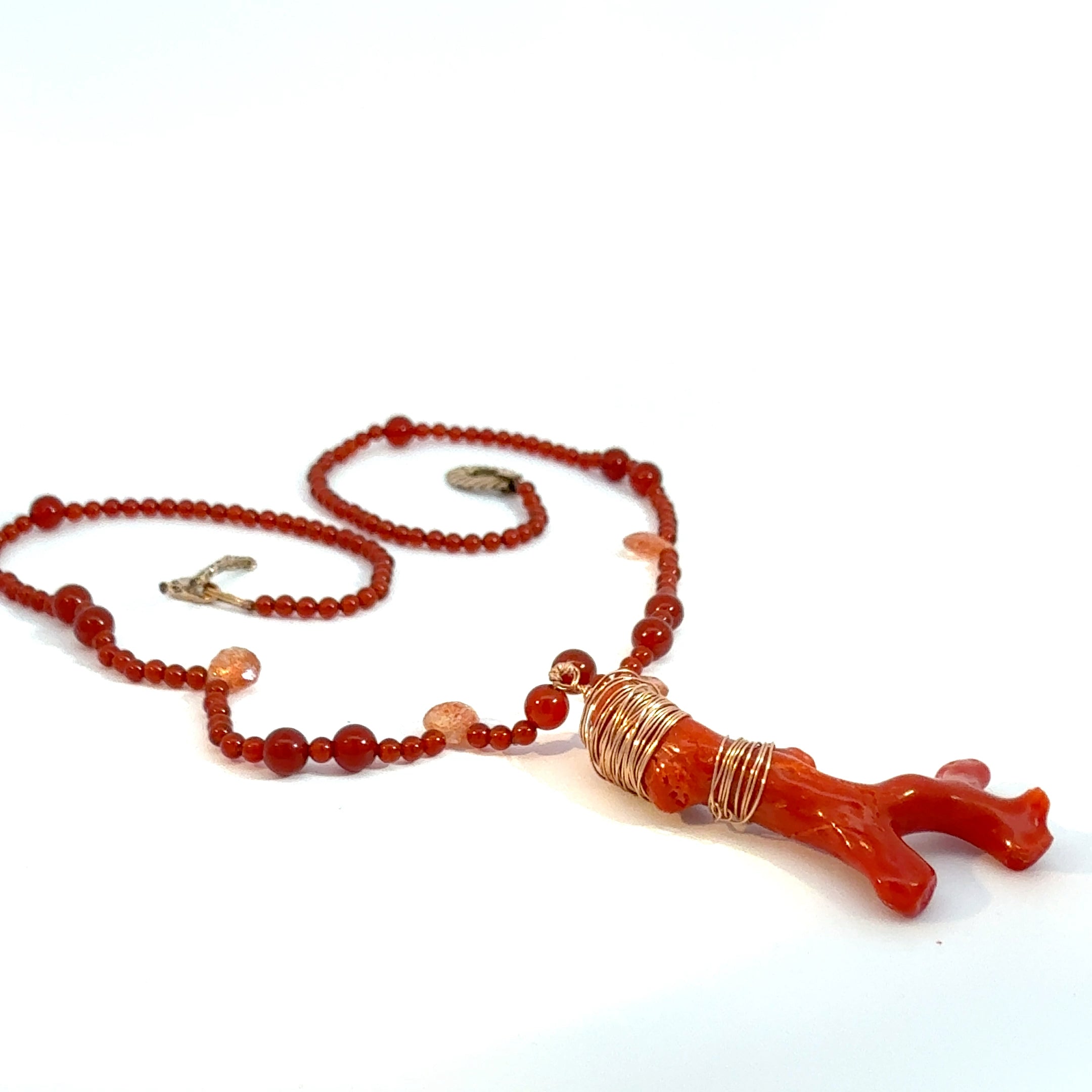 14K rose gold wrapped branch Coral Beaded Necklace with Rose Gold Accents
