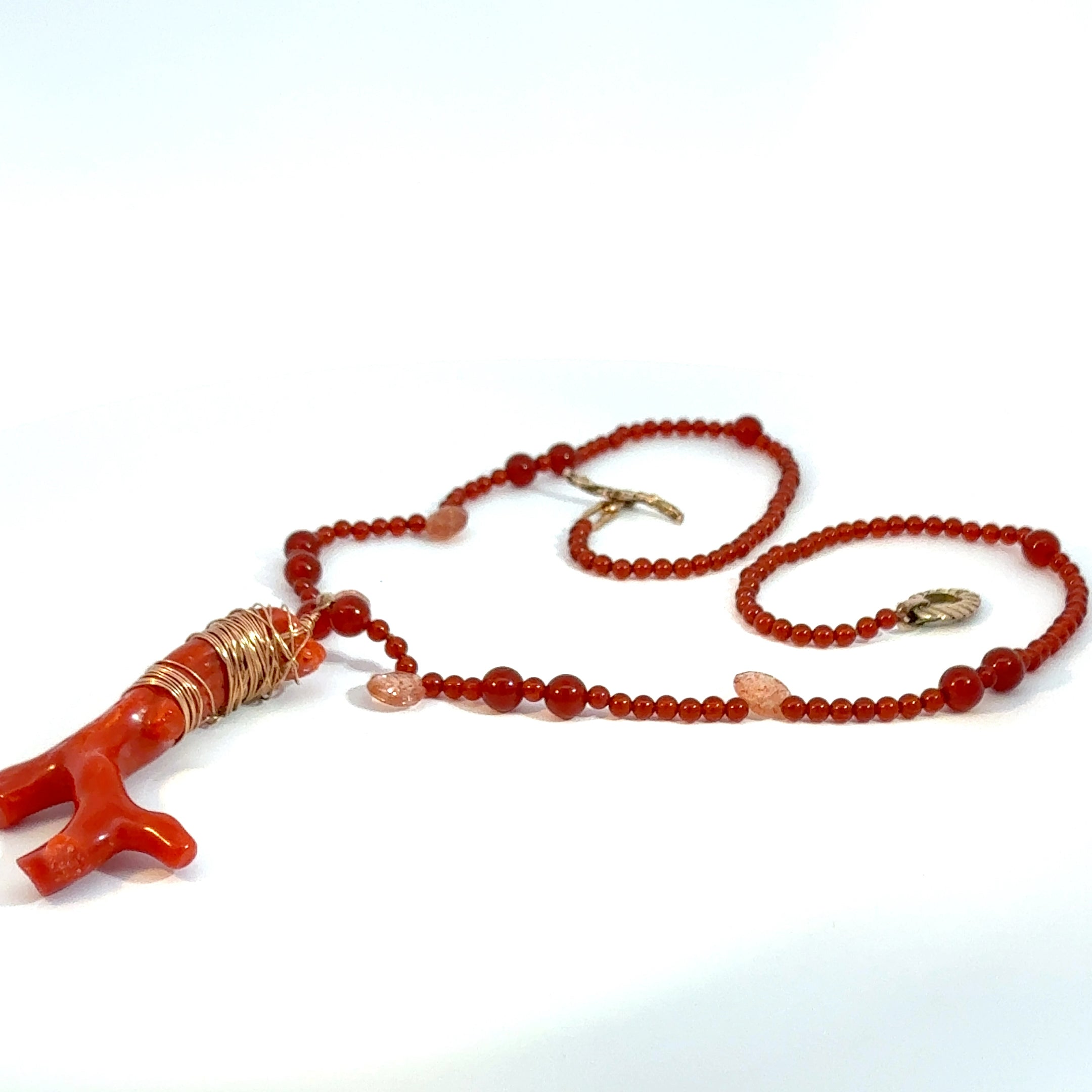 14K rose gold wrapped branch Coral Beaded Necklace with Rose Gold Accents