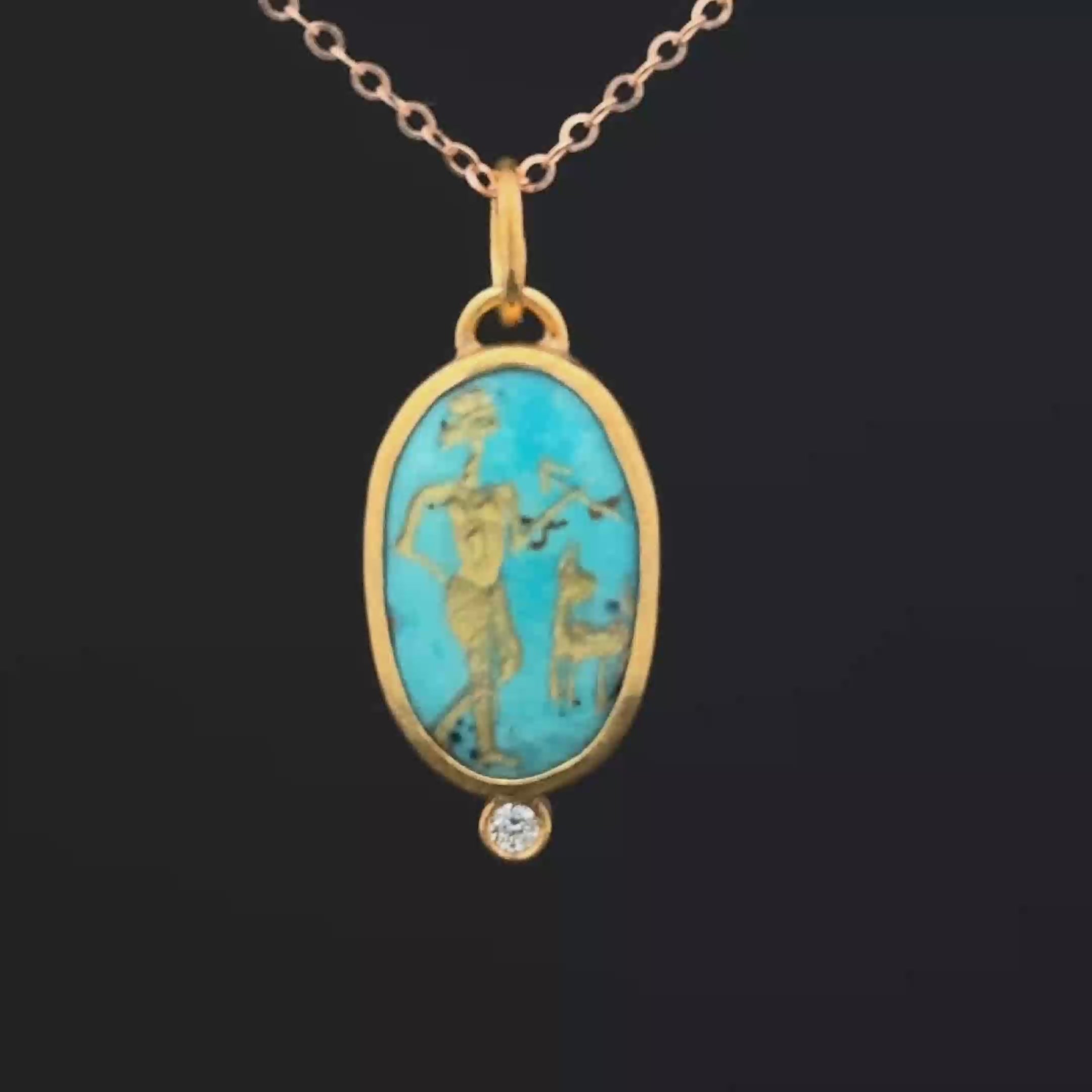 24K and sterling silver pendent carved inlaid turquoise